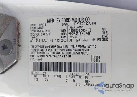 2014 Ford Transit Connect Xlt z USA, uszkodzony, nr VIN NM0LS7F79E1171719